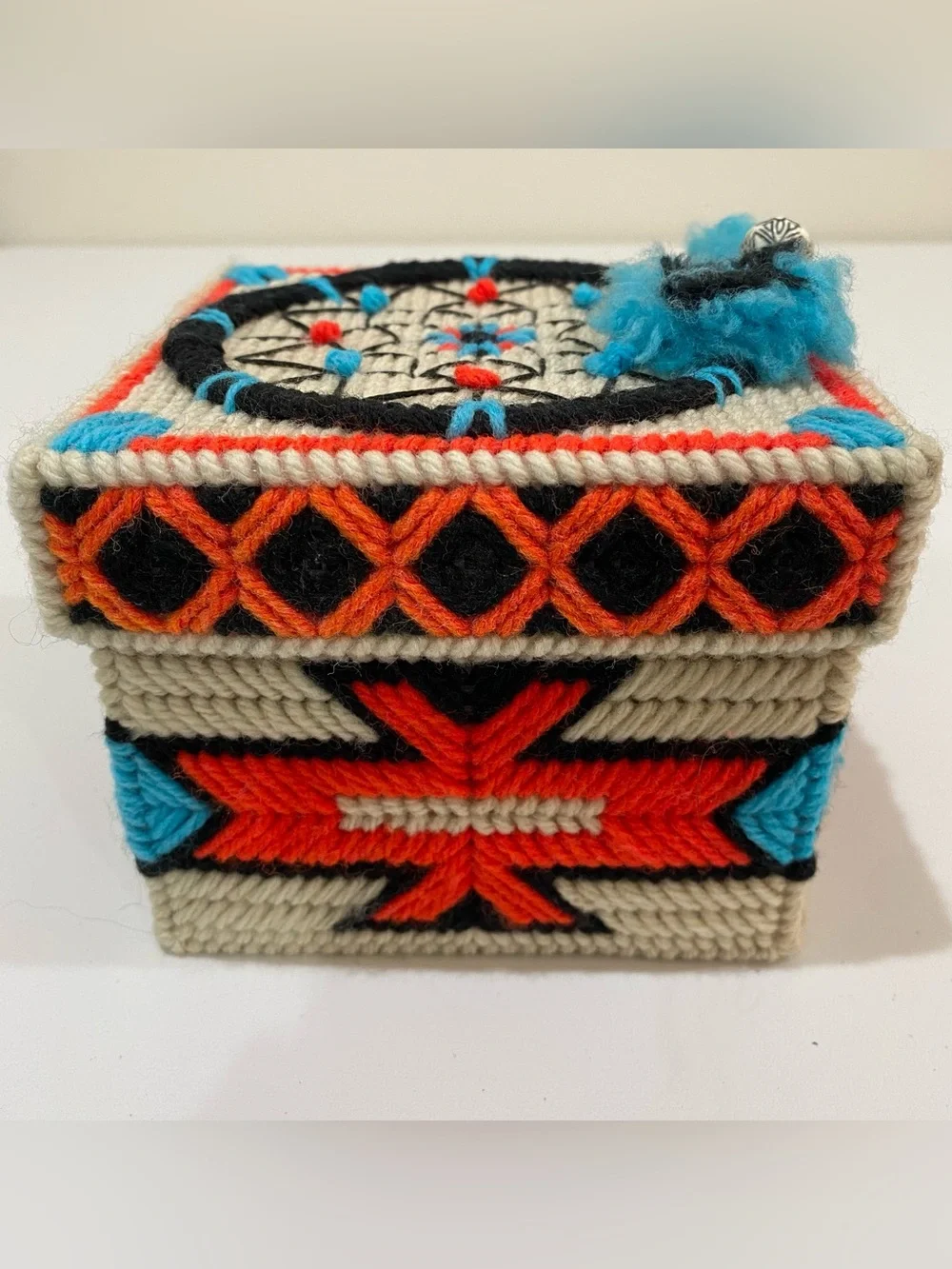 Vintage Southwestern Dream Catcher Finished Plastic Canvas Square Box Cover